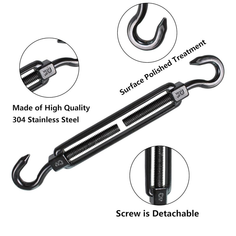 bociloy 2PCS M6 خطاف ومشبك من الفولاذ المقاوم للصدأ، مشد حبل سلكي ثقيل، خطاف مشبك قابل للتعديل لحبل السلك، سلك حديقة، سلك بوابة سياج، حبل خيمة، أسود - Image 4